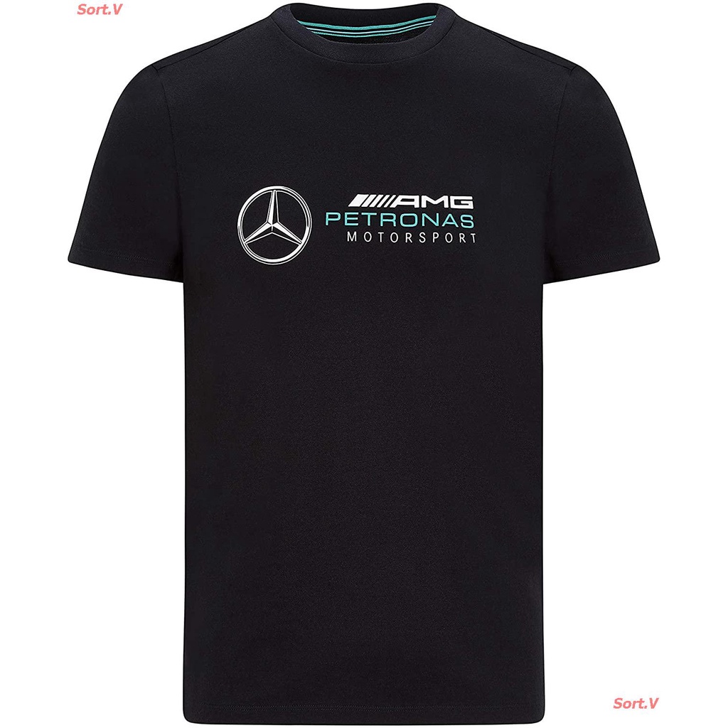 Sort.V New Mercedes Benz AMG Petronas F1 Men's Large Logo T-Shirt Black/Gray/White เสื้อยืดผ้าฝ้าย