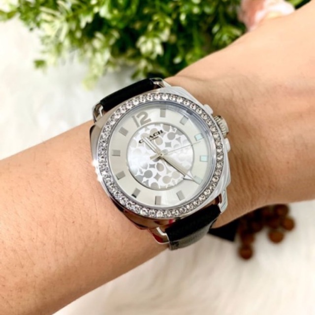 (ผ่อน0%) นาฬิกา Womens Coach 14503152 BOYFRIEND Silver Tone Glitz Watch หน้าปัดล้อมคริสตัล สายหนังสีดำ