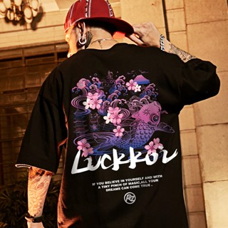 เสื้อโอเวอร์ไซ - ผ้าฝ้าย Luckkoi พิมพ์เสื้อยืดลําลองสําหรับผู้ชายและผู้หญิงเสื้อยืดฮิปฮอปขนาดใหญ่