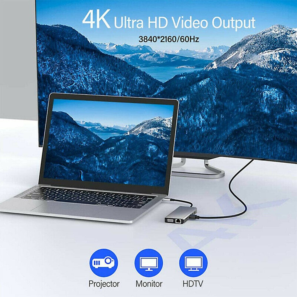 12in1 ฮับ USB c Type-c เป็น HDMI 4k VGA RJ45 SD TF การ์ดรีดเดอร์ Usb3.0 สําหรับโน้ตบุ๊ก แล็ปท็อป