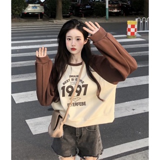 8201 Short autumn new Korean version contrast color letter printing loose pullover long-sleeved top trendy