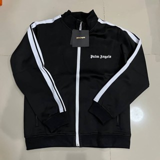 PALM ANGELS CLASSIC BLACK TRACK JACKET เสื้อคลุม แจ็คเก็ตแบรนด์ปาล์มแองเจิล สีดำ คาดแถบสีขาวที่แขน แบบ full zip