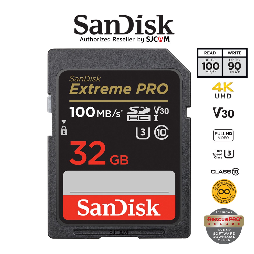SanDisk Extreme Pro SD Card SDHC 32GB (SDSDXXO-032G-GN4IN*1) ความเร็วอ่าน 100MB/s เขียน 90MB/s เมมโมรี่การ์ด SDCARD แซนดิส รับประกัน Synnex lifetime