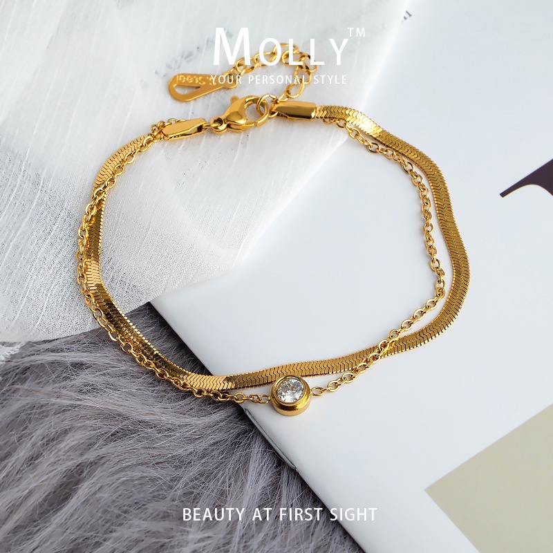 Molly สร้อยข้อมือเพชรสองชั้นสําหรับผู้หญิง Non Tarnish Gold Plated Non Fade Hypoallergenic Minimalist แฟชั่นสร้อยข้อมือสแตนเลส