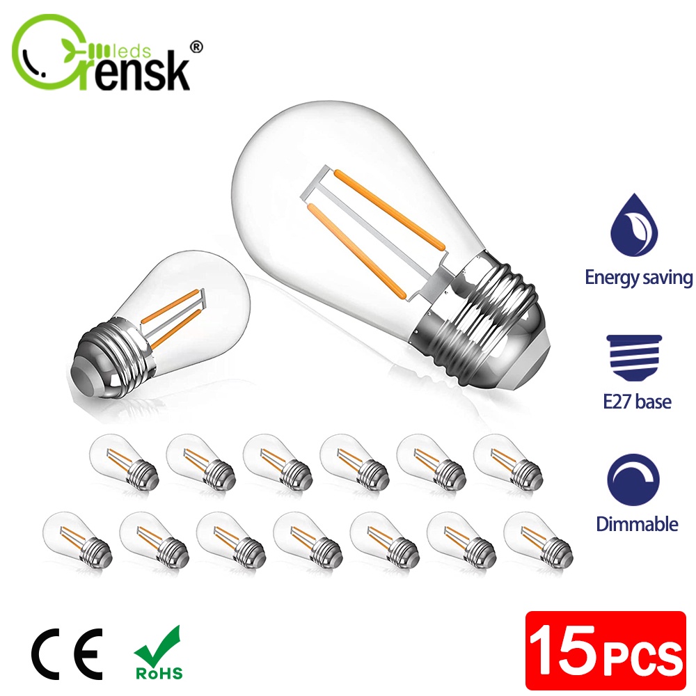 Grensk หลอดไฟ LED E27 S14 พลาสติก 1W/2W 220V Shatterproof Filament สําหรับสายประดับกลางแจ้ง ชุด 15 ชิ้น