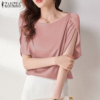 Zanzea เสื้อคอกลม แขนสั้น ผ้าซาติน สีพื้น หรูหรา สําหรับผู้หญิง