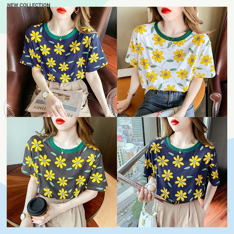 SUNDAY2020 เสื้อแขนสั้นคอกลม ลายดอกไม้สีเหลือง ผ้านุ่มสบาย thumbnail 3