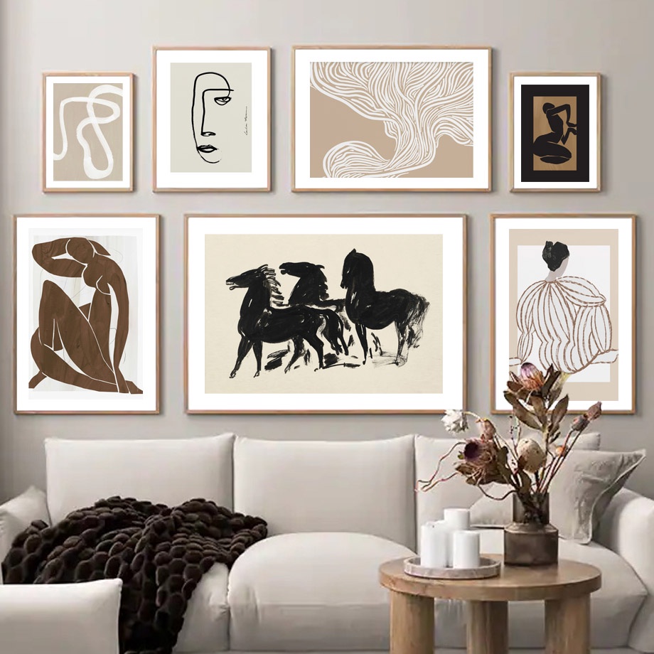 ภาพวาดผ้าใบ รูปม้า สีนู้ด สไตล์นอร์ดิก สําหรับตกแต่งผนัง ห้องนั่งเล่น