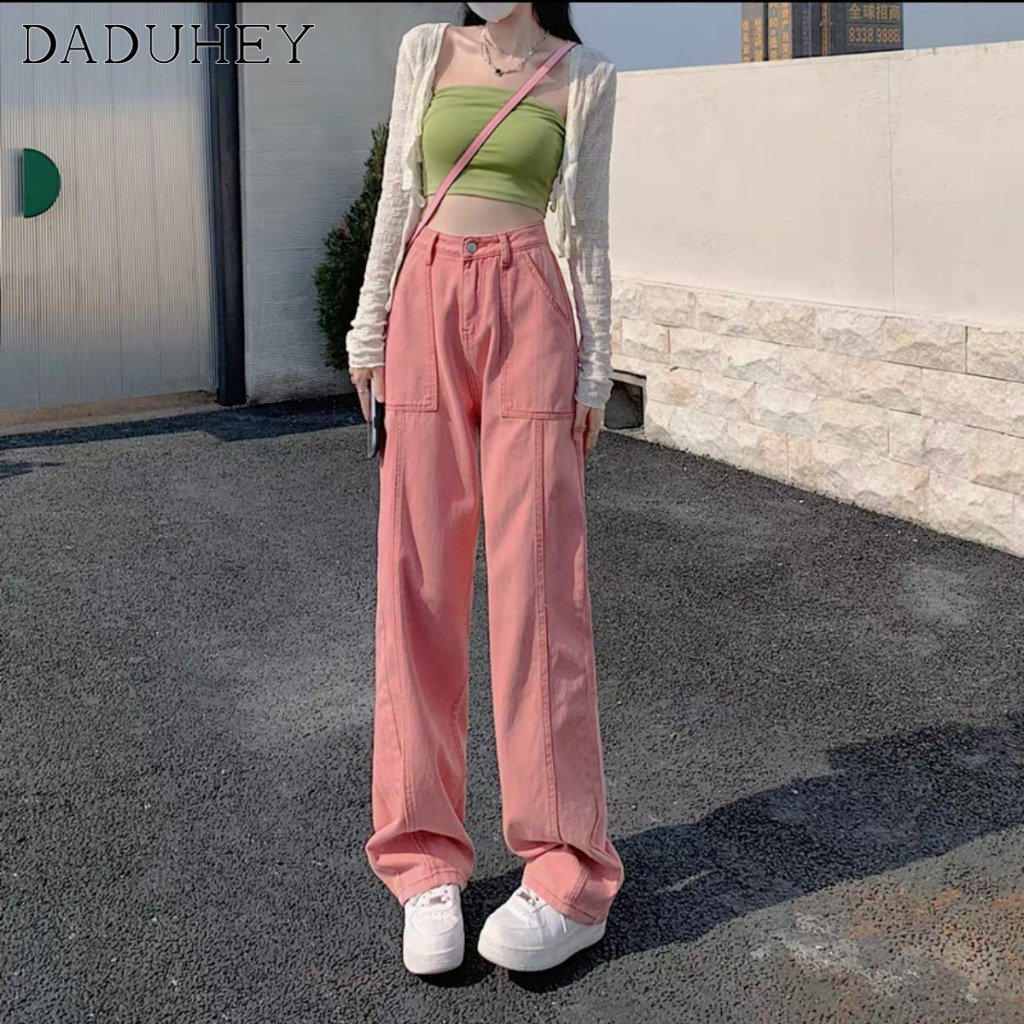 DaDuHey Women's High Waist Design Sweet Cool Hot Girl Pink Cargo Jeans Straight-Leg Drooping Slimming Pants