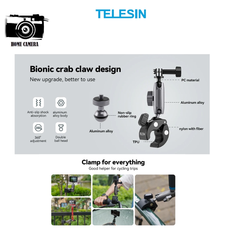 Telesin ตัวหนีบกล้อง ยึดติดมอเตอร์ไซต์หรือราวจับ for GOPRO,DJI Action 5Pro/4/3,Insta360