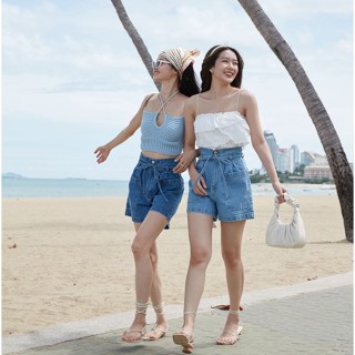 [โค้ด LYTW9S] Sis story กางเกงยีนส์ ขาสั้น เอวสูง เชือกผูก Sis 043 Candy high-waisted denim shorts with rope