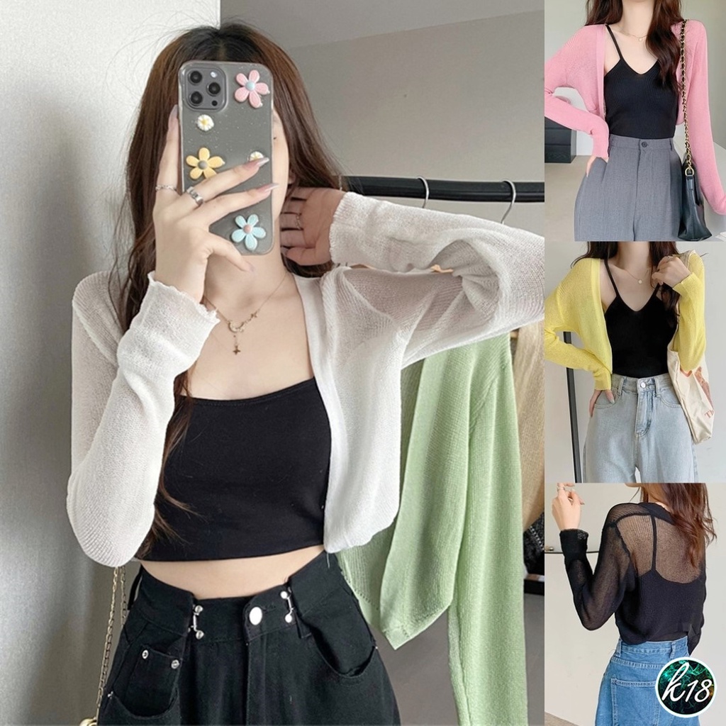 K18 Korean เสื้อคลุมไหมพรมบาง ทรงครอป 6 สี ไม่มีกระดุม