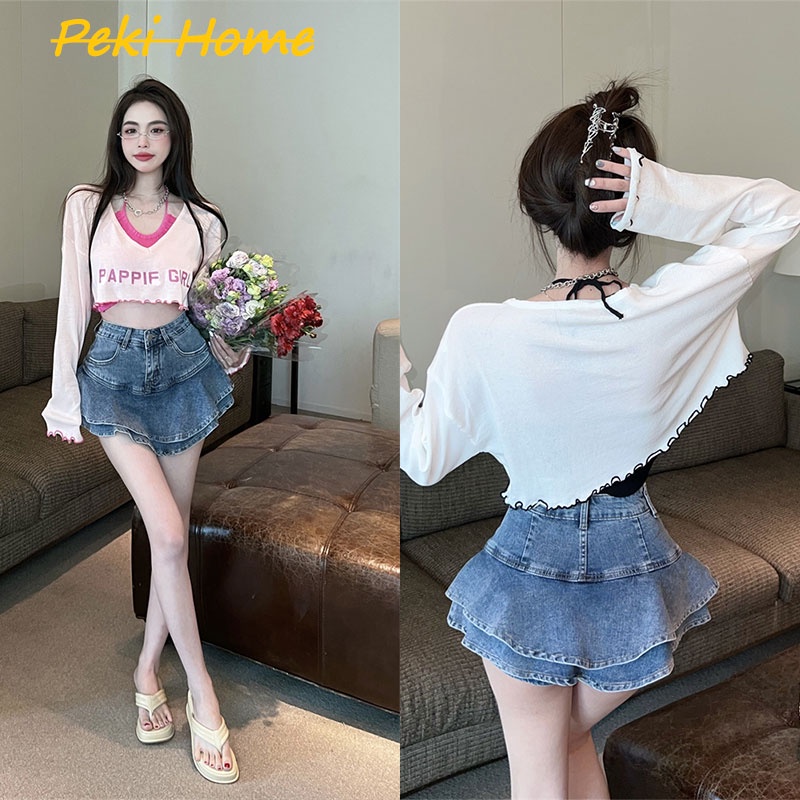 เสื้อครอปเเฟชั่น เสื้อครอป แขนยาว คอกลม สไตล์เกาหลี สำหรับผู้หญิง เสื้อสายเดี่ยวคล้องคอ