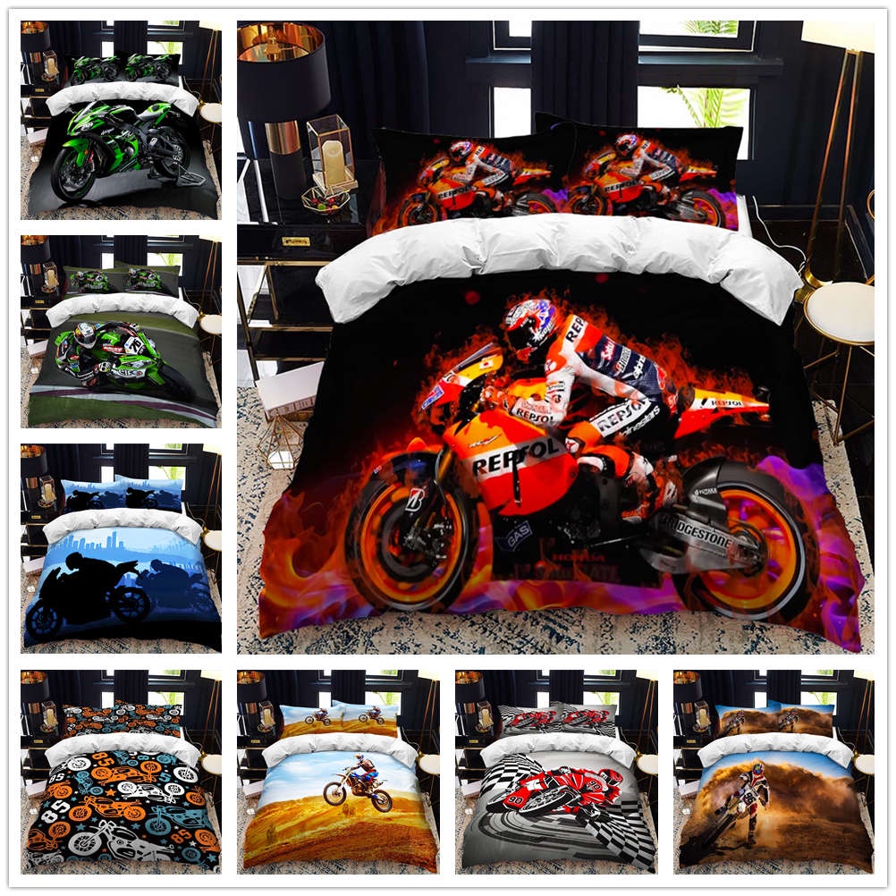 Motorcycle Rider Bed Duvet Cover  Set Queen Calico Twin Size Comforter Bedding Set Single Complete S