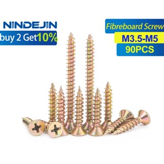 NINDEJIN M3.5/M4/M5 Wood Chipboard Screw 90pcs Zinc Coated Phillips Cross Countersunk Flat Head Galvanized Carbon Steel Woodworking Screw