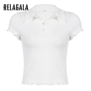 Relagala เสื้อยืดโปโล แขนสั้น คอปก สีพื้น แฟชั่นสําหรับผู้หญิง