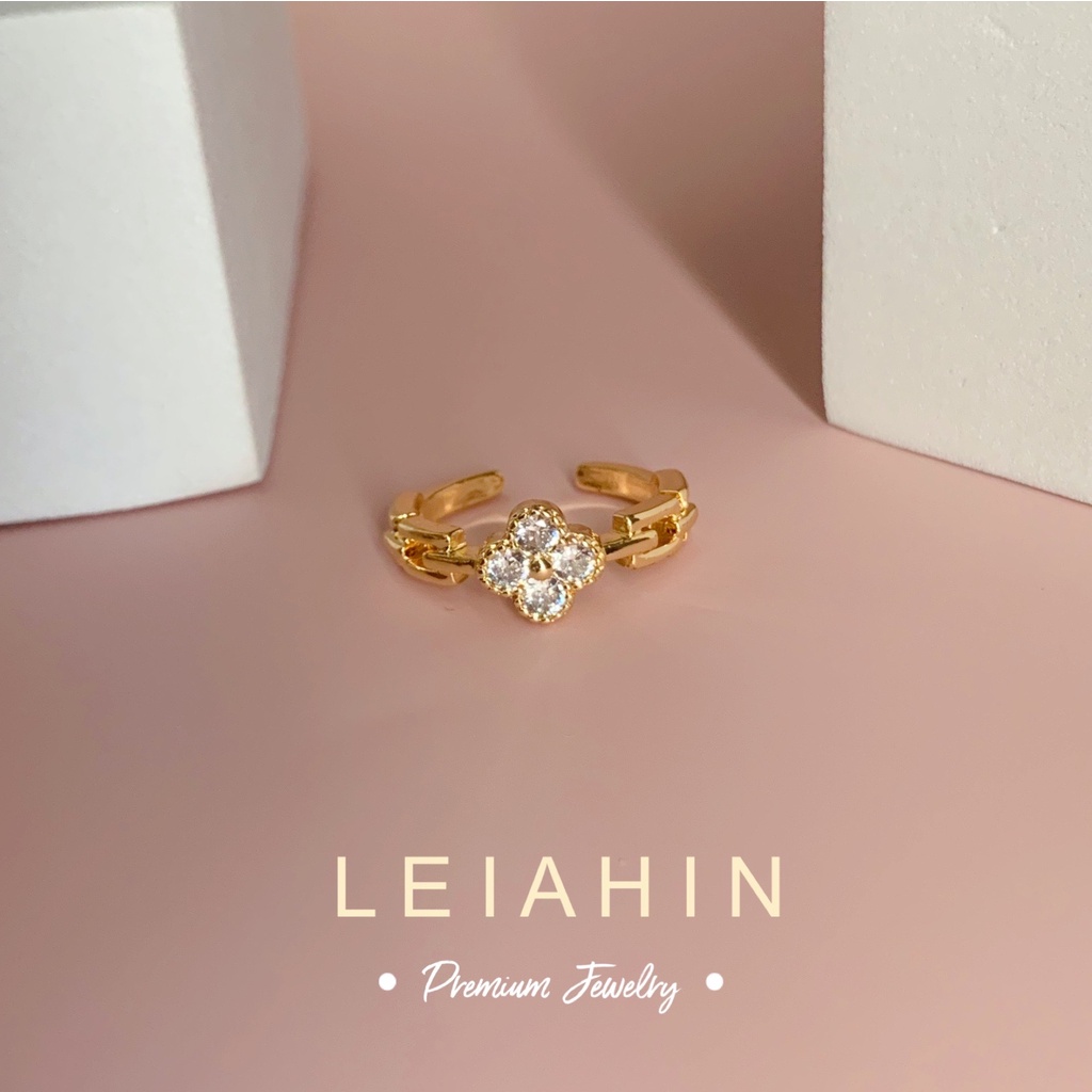 LEIAHIN แหวนทองคํา 18k ประดับเพทาย รูปใบโคลเวอร์สี่แฉก ปรับได้ เครื่องประดับแฟชั่น สําหรับผู้หญิง ของขวัญวันเกิด