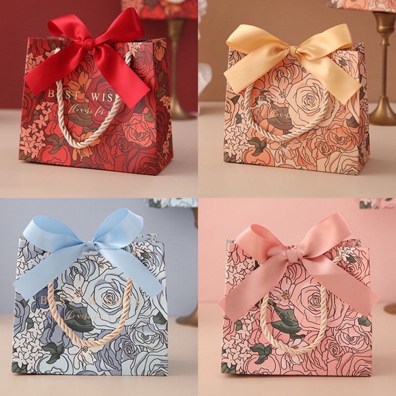 •พร้อมส่ง• พร้อมส่ง ถุงกระดาษ ถุงของขวัญ ลายกุหลาบ พร้อมโบว์ผูก BG21.07mini