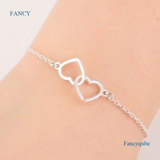 Fancyqube สร้อยข้อมือ ชุบเงิน รูปหัวใจคู่ แฟชั่นสําหรับผู้หญิง