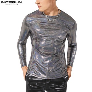 INCERUN Men Wet Look Long Sleeve Shirts Round Neck Hippie Casual Undershirts Tee Tops