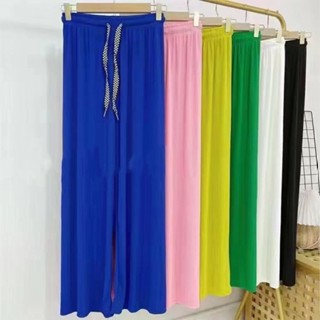 ** พร้อมส่ง **  กางเกงขายาวสีพื้น ผ้าร่อง เอวยางยืด นุ่มใส่สบาย เชือกตารางขาวดำ