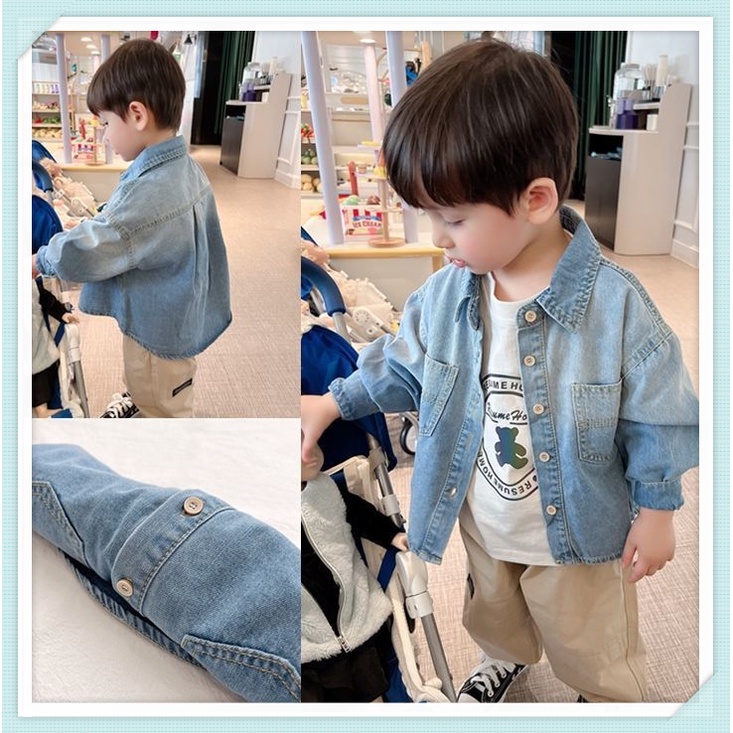 เสื้อแจ็คเก็ตแขนยาวเด็กผู้ชาย ฤดูใบไม้ผลิและฤดูใบไม้ร่วงใหม่เด็กยีนส์แขนยาวเสื้อโค้ทบาง เสื้อผ้าเด็กผู้ชาย