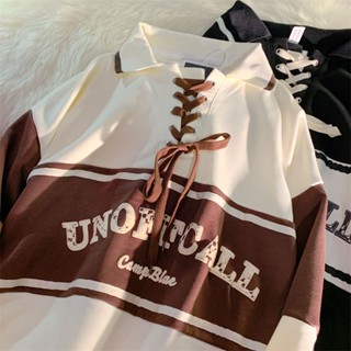 2022 early autumn new Korean version of loose long-sleeved tops for girls students stitching hit color design sense polo