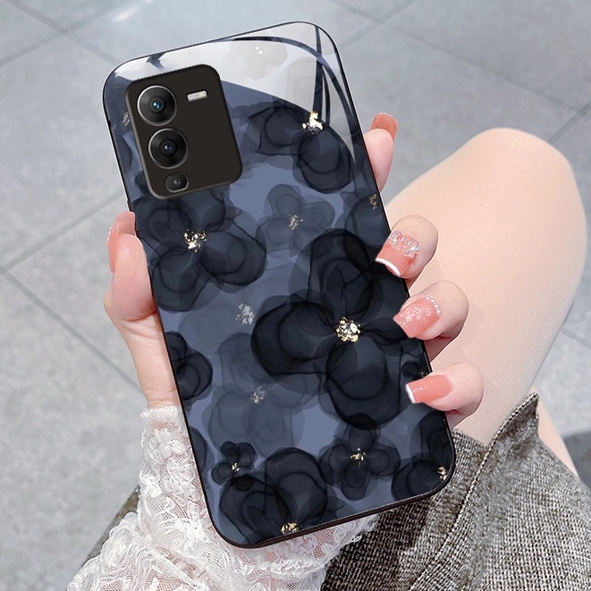 เคส Vivo V23 V23E V25 Pro V20 Pro โทรศัพท์มือถือแบบแก้ว กันรอยเลนส์ ลายดอกไม้ สําหรับ T1 5G X70Pro Y20 Y19