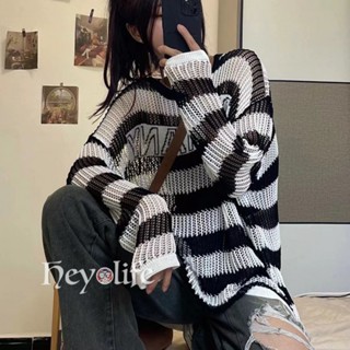 Black and white striped korean hollow knitted sweater women QCF2