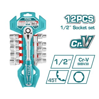 TOTAL ชุดประแจบ๊อกซ์ 12 ชิ้นชุด THT141121 ด้ามฟรี + ลูกบ๊อกซ์ 1/4 นิ้ว / 1/2 นิ้ว Socket Set