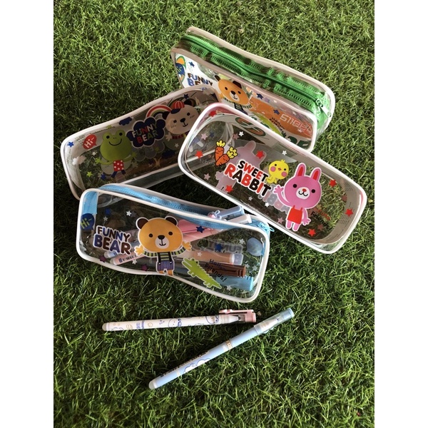 กระเป๋าใส่ดินสอปากกา ใส่เครื่องสำอางแบบใสขอบยางลายการ์ตูน