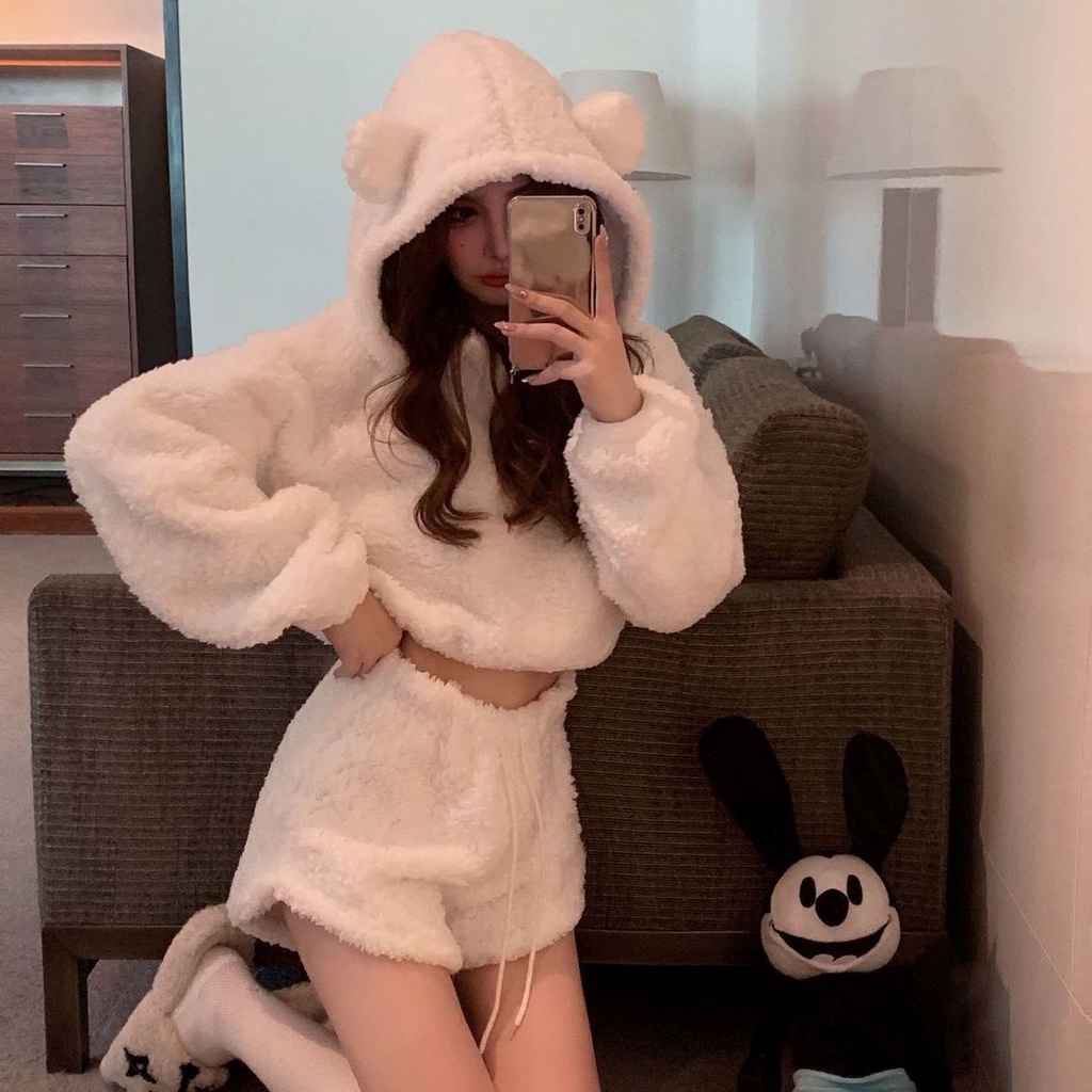 N-Yoda เสื้อกันหนาว มีฮู้ด ผ้ากํามะหยี่ขนนิ่ม เอวสูง ทรงสลิมฟิต ลายหมี สไตล์เกาหลีเรโทร