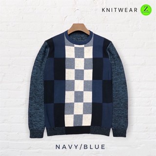 Knitwear ZASUM แขนยาวคอกลมลายตาราง สีน้ำเงินกรม ถักทอด้วย Cotton100% ผ้านุ่มใส่สบาย