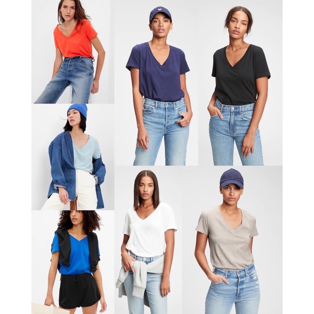 GAP เสื้อยืดคอวี Organically Cotton Womens Plain Basic เสื้อยืดคอวี