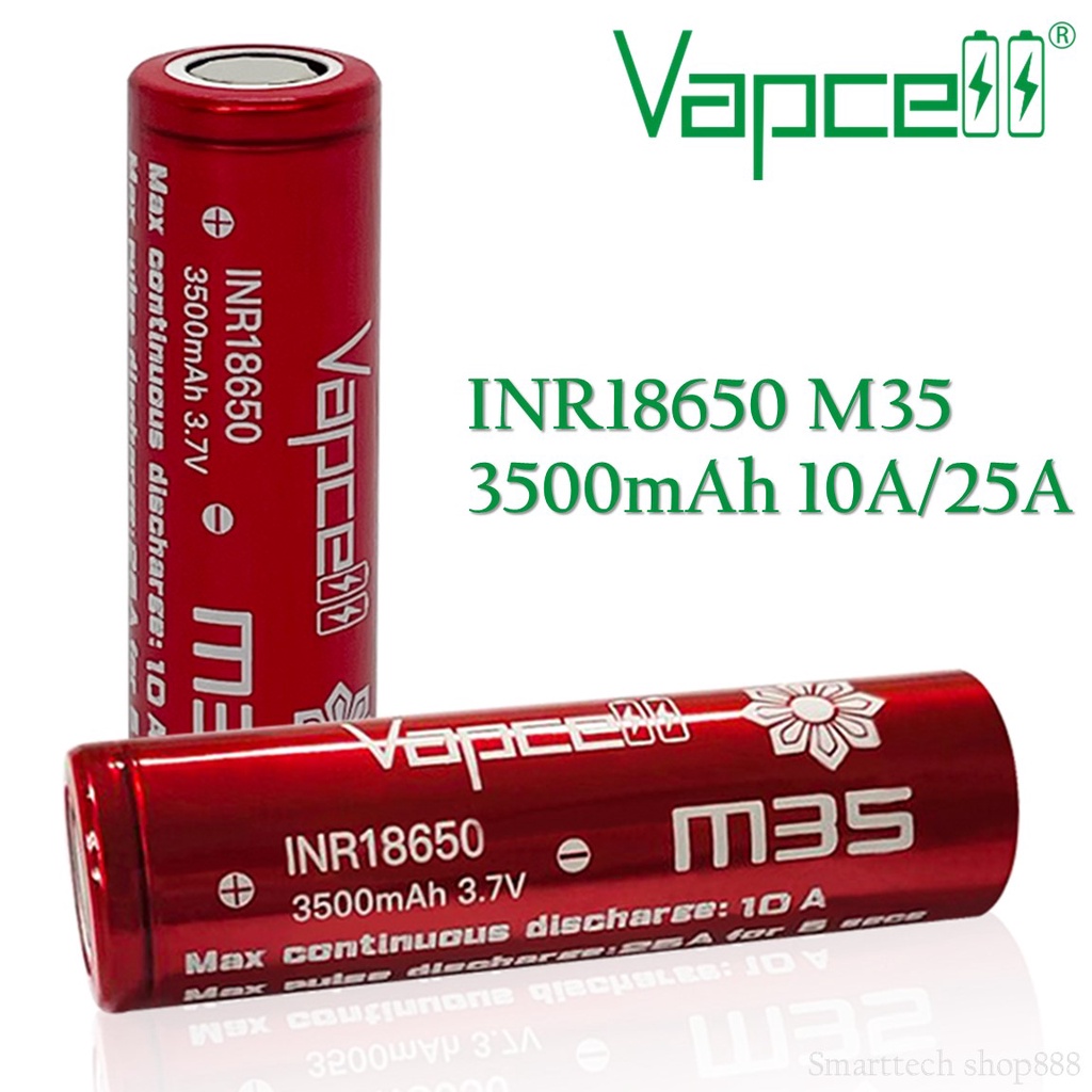 [หัวแบน 2 ก้อน] ถ่านชาร์จ Vapcell สีแดง รุ่น 18650 M35 3500mAh 10A/25A