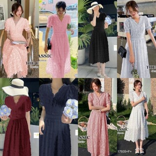 TT17935 เดรสลูกไม้คอวีแขนตุ๊กตา V-neck lace dress with doll sleeves