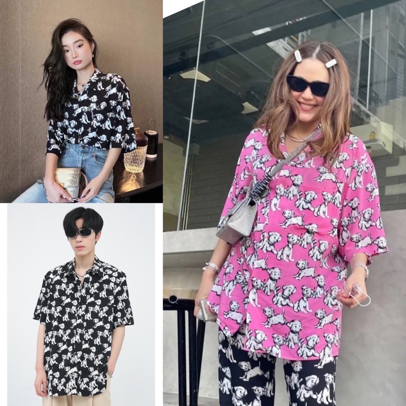 เสื้อเชิ้ตลายน้อนหมา Oversize 44สีสดใส เสื้อฮาวายใส่คู่ชายหญิง แมตซ์ได้ทุกลุค