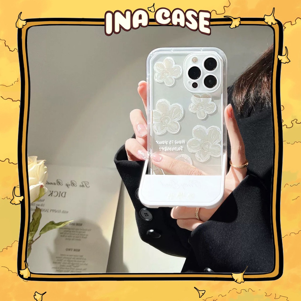 เคสไอโฟนดอกไม้สีขาวสวยดีพร้อมขาตั้ง 16promax/ 16pro/ 16plus/ 16/ 15promax/ 15pro/ 15/ 14promax/ 14pr