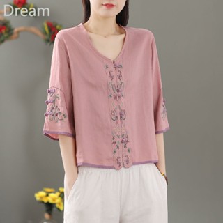 Retro ethnic style cloth embroidered five-quarter sleeve shirt Womens loose thin V-neck cardigan cotton and linen top