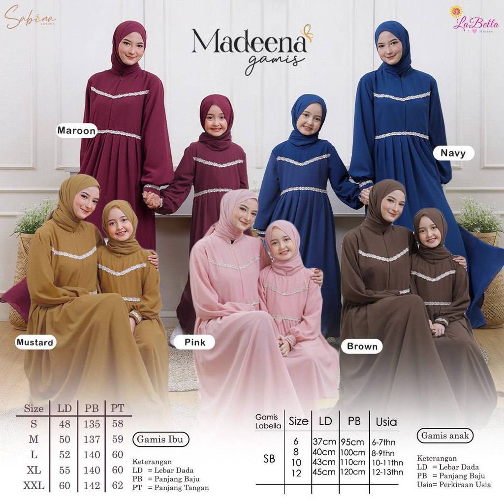 LABELLA SABINA MADEENA MOTHER AND CHILD COUPLE GAMIS PASHMINA CERUTY COUPLE SET ใหม่ล่าสุดและเสื้อผ้