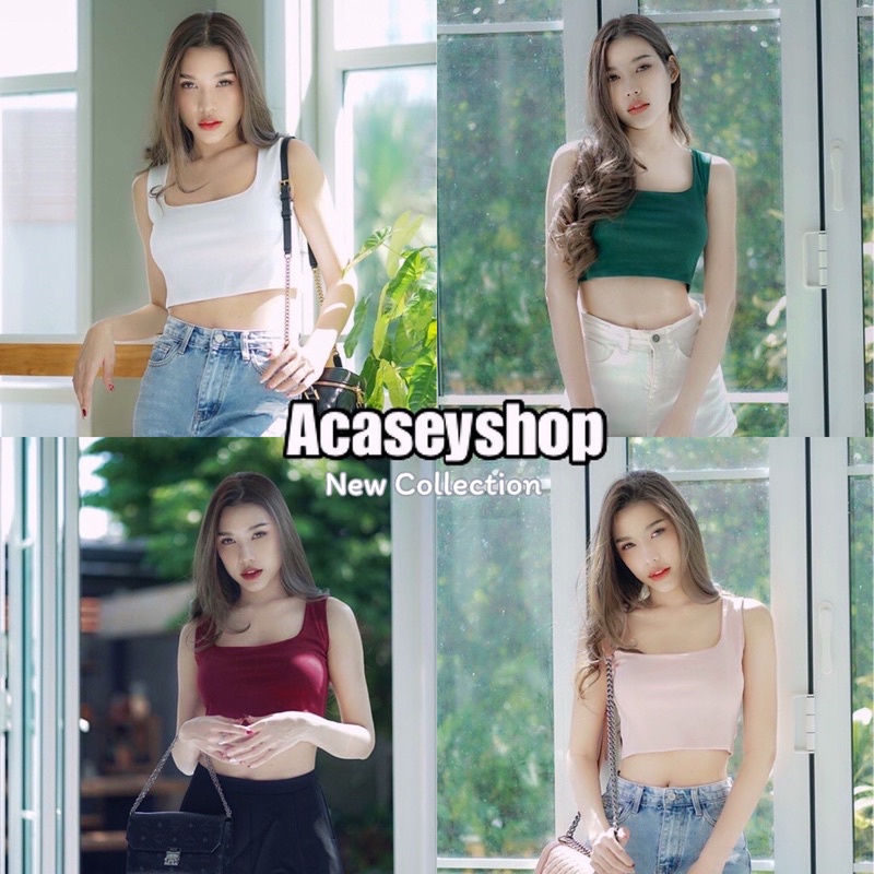 Acasey เสื้อกล้ามผู้หญิง ครอป คอเหลี่ยม พับขอบคอขอบแขน