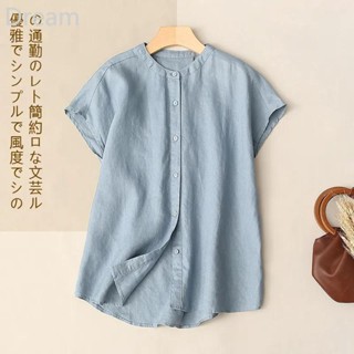 Hong Kong style linen short-sleeved shirt womens summer new stand collar casual shirt loose slimming cotton and linen top for women