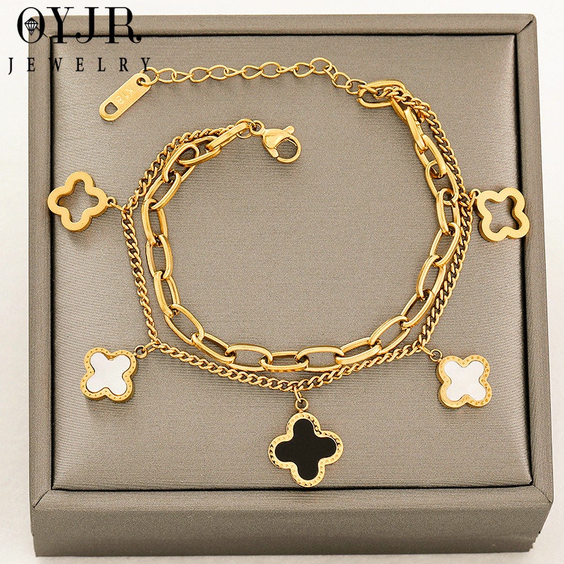 OYJR สร้อยข้อมือไม่ลอกไม่ดำ  สร้อยข้อมือสแตนเลสแท้ ข้อมือเก๋ๆแบบสองชั้นสำหรับผู้หญิง - รูปที่ 2