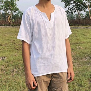 เสื้อคอวี แขนสั้น ผ้าฝ้าย (Cotton) ไซส์ (S M L XL) 3 สี (ขาว ดำ ครีม)