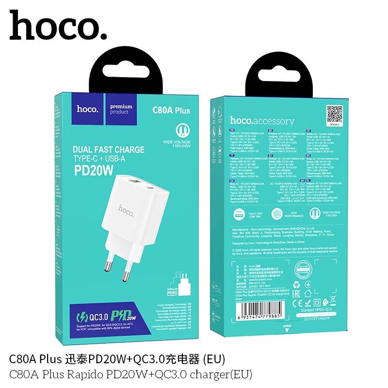 Hoco C80A Plus PD+QC3.0 Charger 20W (EU)หัวชาร์จเร็ว Type-C+USB 20W ปลั๊กขากลม (มาตรฐานยุโรป)