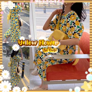 พรีออเดอร์ Maxi dress Yellow Flower เดรสลายดอกไม้ โทนสีเหลือง คอกลม แขนตุ๊กตา ทรงน่ารักมาก ลายดอกไม้ งานป้ายนำเข้า