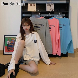 RUO BEI XUAN เสื้อสเวตเตอร์คอกลมแขนยาวพิมพ์ลายตัวอักษร2022หลวมขนาดใหญ่สบายๆลดอายุ Class Uniform