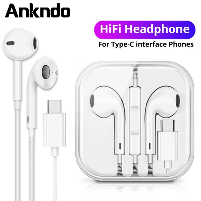 Ankndo หูฟังอินเอียร์ สเตอริโอเบส แบบมีสาย Type-C ขนาด 3.5 มม. พร้อมไมโครโฟน สําหรับ i-Pad Samsung Xiaomi Huawei