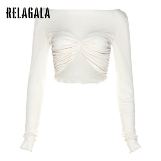 Relagala เสื้อยืด คอกลม แขนยาว จับจีบ สีพื้น ทรงสลิมฟิต แฟชั่นสตรี