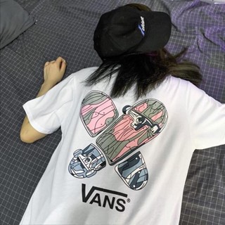 เสื้อคนอ้วนผญ เสื้อยืดครอป Vans เสื้อยืดแขนสั้นผ้าฝ้ายทรงหลวมแฟชั่นฤดูร้อนสําหรับผู้ชายและผู้หญิง